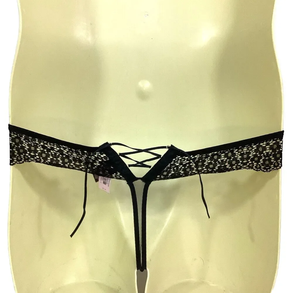 Victorias Secret Very Sexy Thong String Small/Petite Black Floral Lace Criss-Cro